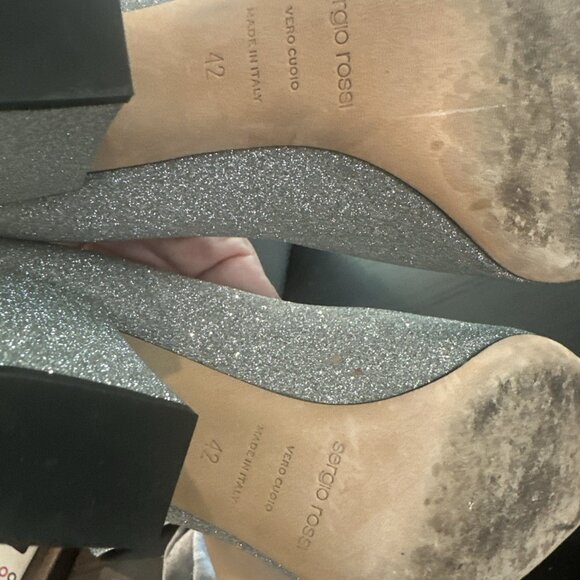 Sergio Rossi Silver Glitter Block Heel Pumps - Picture 6 of 9